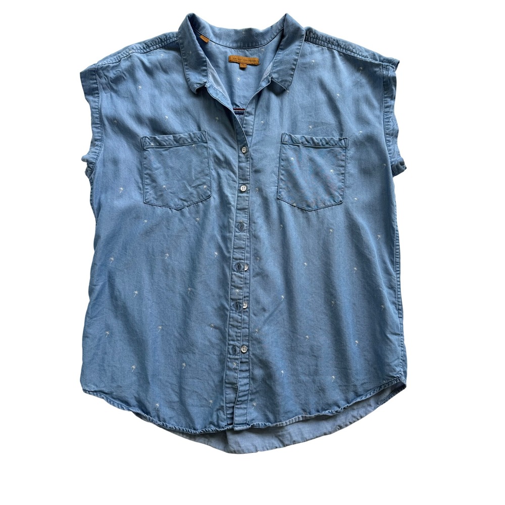Jachs Girlfriend Blue Chambray Palm Tree Button Down Cap Sleeve Top Size Large